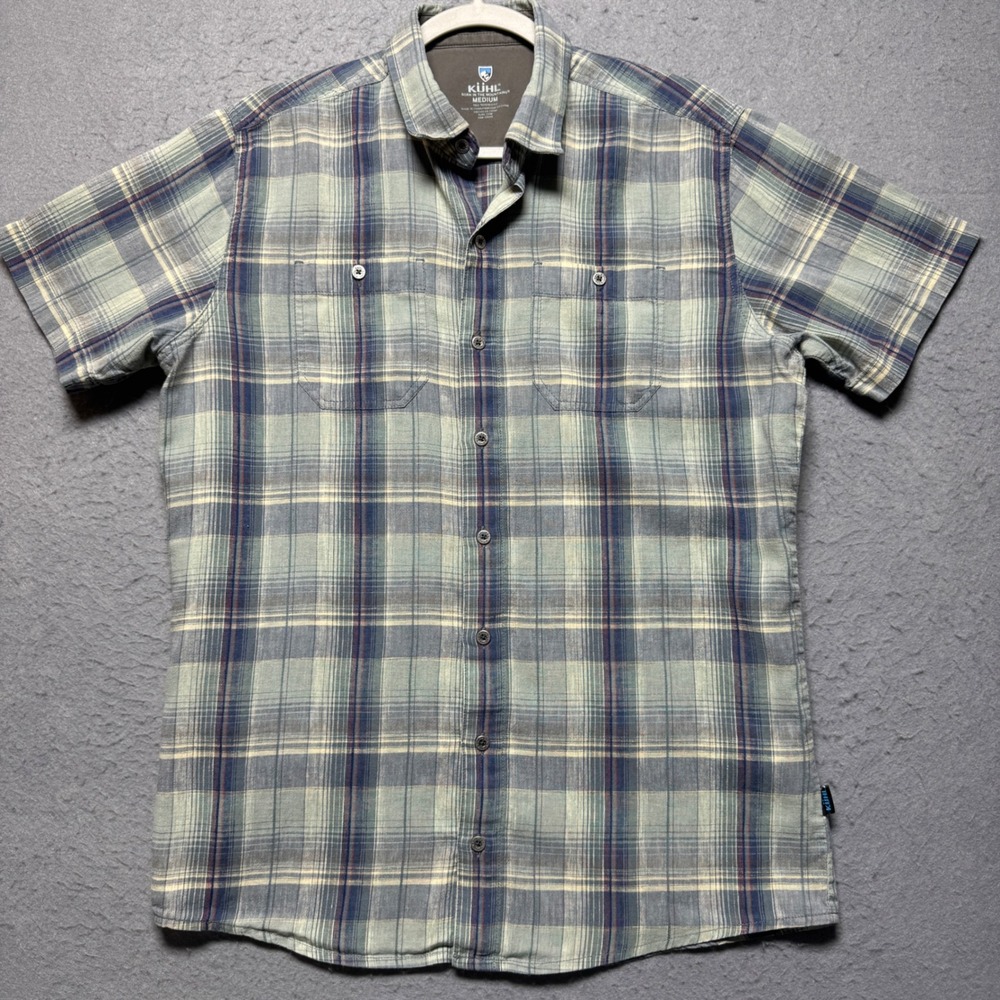 Kuhl Mens Tall Tapered Fit Plaid Short Sleeve Button Up Linen Blend Shirt Medium